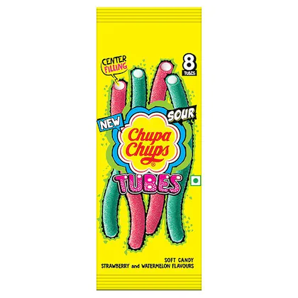 Chupa Chups Strawberry and Watermelon Flavours Center Filling Sour Tubes 80 gm-(VS)