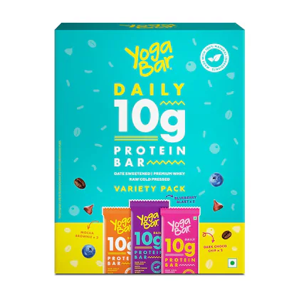 Yogabar Variety Pack 10g Protein Bars [Pack of 6], Protein Blend & Premium Whey, 100% Veg, Rich Protein Bar with Date, Vitamins, Fiber, Energy & Immunity for fitness. 100% Natural ingredients used.-(VS)