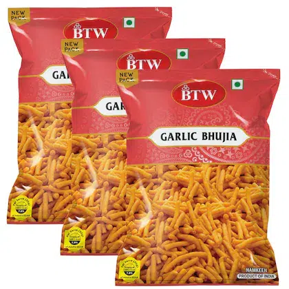 BTW Garlic Bhujia Namkeen 450g (150g X 3) | Tasty Namkeen Bhujiya Indian Snacks-(VS)
