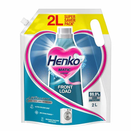 Henko Matic Front Load Liquid Detergent - 2L Refill Pouch with Nano Fiber Lock Technology, 99.9% Germ Protection, Bio Stain Power & Ultra Color Care which maintains the Newness, Color & Shine-(VS)