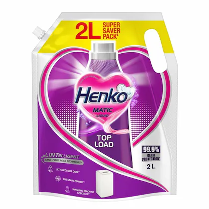 Henko Matic Top Load Liquid Detergent - 2L Refill Pouch with Nano Fiber Lock maintains the Newness, Color & Shine-(VS)Technology, 99.9% Germ Protection, Bio Stain Power & Ultra Color Care which