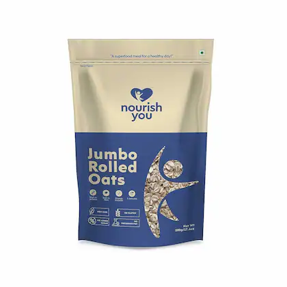 Nourish You Organic Jumbo Rolled Oats| Gluten Free| Whole Grain Rolled Oats with High Fibre & Protein , Breakfast cereal , Plain oats - 500gm-(VS)