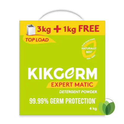 KIKGERM Expert Matic Top Load Detergent Powder | 99.99% Germ Protection | FREE FROM HARMFUL CHEMICALS | Tough Stain Removal in Washing Machines Surf | 3KG + 1KG FREE (4KG)-(VS)