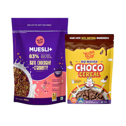 Yogabar Dark Chocolate Muesli & No Maida Choco Cereal 345g | Dark Chocolate and Cranberry Muesli with Nuts & Seeds 700g | ChocoBreakfast Cereals 345g - No Maida, Same Taste Choco for Kids-(VS)