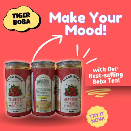 Tiger Boba Strawberry Splash-Pack of 3 Cans (Ready-to-Drink Bubble Tea with Popping Boba & Nata de Coco)-(VS)