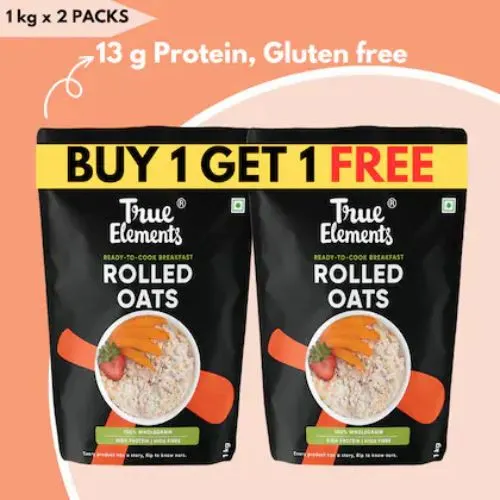 True Elements Rolled Oats 1 kg -Buy 1 Get 1 FREE - Rolled Oats that Keeps you Full till Lunch |100% Natural and Gluten Free Oats |Oats for Weight Loss Management-(VS)