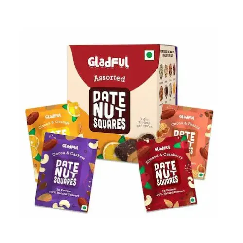 Gladful Assorted Pack Of Date Nut Square - A Healthy, Sugar-Free, Dates And Dry Fruits Based Dessert Bites/ Barfi/Chakki For Kids And Families | High In Protein Source Of Instant Energy (20Gram X 8)(VS)