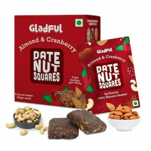 Gladful Almond & Cranberry Date Nut Square - A Healthy, Sugar-Free, Dates and Dry Fruits Based Dessert Bites/ Barfi/Chakki For Kids and Families | High in Protein & Fiber, source of Instant Energy (20gram X 8)(VS)