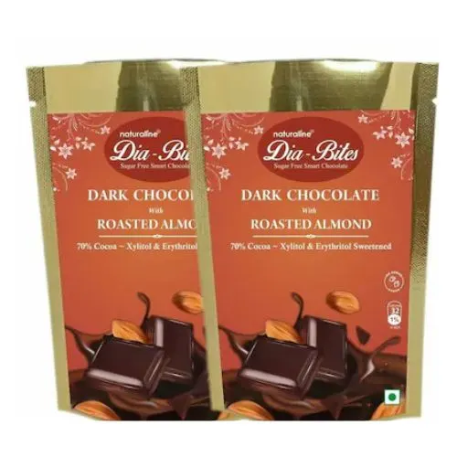 NATURALINE ; NATURAL HEALTHY PRODUCTS | Dia-Bites Sugar Free Dark Chocolate With Roasted Almond| Vegan | Pure Natural Xylitol | Artisan Dark Chocolate | DiaBites Diabetic Chocolate PACK OF 2(VS)