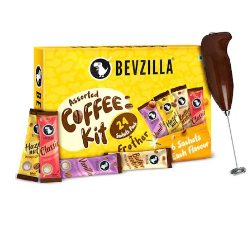 Bevzilla Instant Coffee Gift Box of 24 Assorted Flavour Sachets & Frother - 6 Sachets Each Flavour(2 Gram Each Sachet) | Makes 24 Cups Coffee | Turkish Hazelnut, Colombian Gold, French Vanilla & English Butterscotch | 100% Arabica| Strong Coffee(VS)