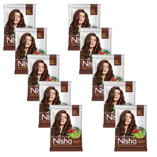 Nisha Hair Colour for Women - Dark Brown, 10g Each (Pack of 10) | 100% Pure Henna-Based Powder | Long-Lasting Herbal Formula | Reduces Hair Fall & Damage | Ammonia-Free(VS)