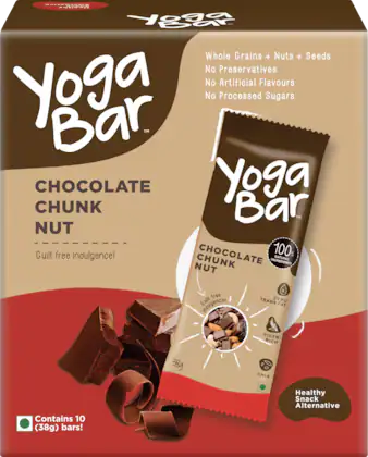 Yogabar Energy Bars Chocolate Chunk | Multigrain Daily Protein Snack | High Energy & Nutrition Bars | 8g Protein & 7g Fibre Protein bars | High in Iron & Fibre | Pack of 10 x 38g Energy Bars | 100%Vegan & No Preservatives-(VS)