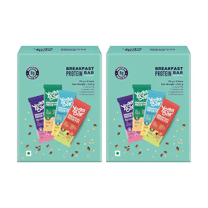 Yogabar Breakfast Bars Variety Pack of 2 | Daily Protein Snack | High Energy & Nutrition Bars | 8g Protein & 7g Fibre Protein bars | Pack of 12 x 50g Energy Bars | 100%Vegan & No Preservatives-(VS)