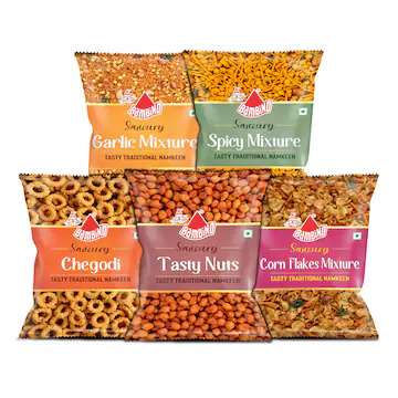 Bambino Tasty Party Pack of 5 Garlic Mixture I Spicy Mixture I Tasty Nuts I Corn Flackes I Chegodi(VS)