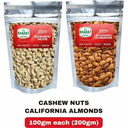 Bharat Super Foods Dry Fruits Combo Pack - California Almonds & Cashew Nuts W320 - 100gm each (200gm)(VS)