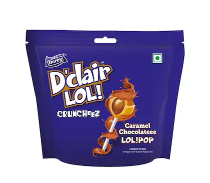 Derby Dclair Lollipop Cruncheez Standy Pouch (Pack Of 4) | Caramel Chocolatee Center Filled Lollipop | 10Pcs Each Packet | Pack of 4.(VS)
