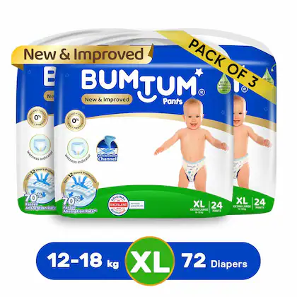 Bumtum Diaper Pants Extra Large (XL) Size - 72 Diapers |Pack of 3 |Super Soft with Leakage Protection-(VS)