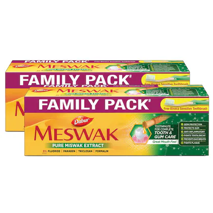 Dabur Meswak Toothpaste 600g - (200g + 100g) x 2 with Free Toothbrush | Complete Oral & Gum Care Toothpaste | Contains Pure & Rare Miswak extract | No added Fluoride, Paraben, Triclosan & Formalin-(VS)