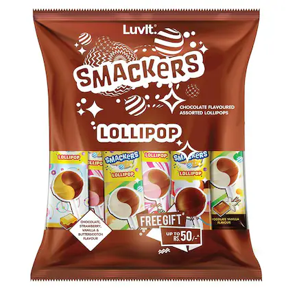 LuvIt Smackers Chocolate Flavoured Lollipops | 4 exciting Flavours for Kids (Chocolate Butterscotch, Chocolate Vanilla, Chocolate Strawberry & Chocolate) | Pack of 1 - 480gm-(VS)