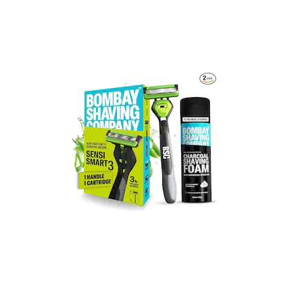 Bombay Shaving Company Sensi Smart 3 Razor and Charcoal Shaving Foam Combo | 3 Blades Shaving Razor For Men & Charcoal Shaving Foam 50g | Combo Back | Travel Friendly Shaving Combo-(VS)