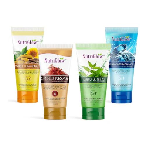 NutriGlow Wild Turmeric, Gold Kesar, Diamond Radiance and Neem & Tulsi Facewash Controls Pimples, Removes Impurities, All Skin Types 65ml Each (Buy 2 get 2 Free)(VS)