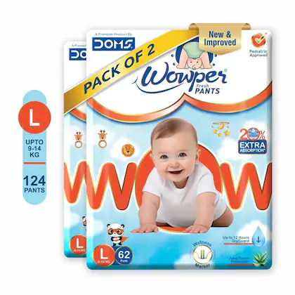 Wowper Fresh Baby Diaper Pants | Large (L) Size - 124 Pieces 9-14 Kg | Pack of 2 | Wetness Indicator | Upto 12 Hrs Absorption |-(VS)