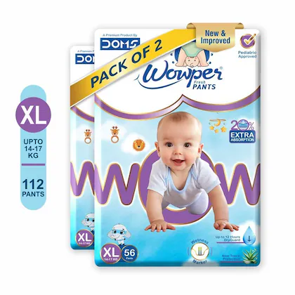 Wowper Fresh Baby Diaper Pants | Extra Large (XL) Size - 112 Pieces 14-17 Kg | Wetness Indicator | Upto 12 Hrs Absorption |-(VS)