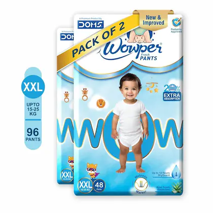 Wowper Fresh Baby Diaper Pants | Double Extra Large (XXL) Size - 96 Pieces 15-25 Kg | Pack of 2 | Wetness Indicator | Upto 12 Hrs Absorption |-(VS)