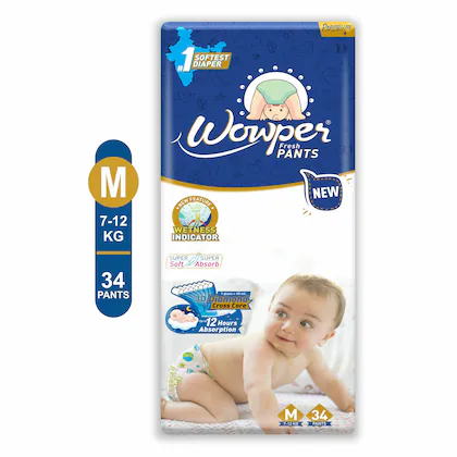 Wowper Fresh Baby Diaper Pants | Medium (M) Size - 34 Pieces 7-12 Kg | Pack of 1 | Wetness Indicator | Upto 12 Hrs Absorption |-(VS)