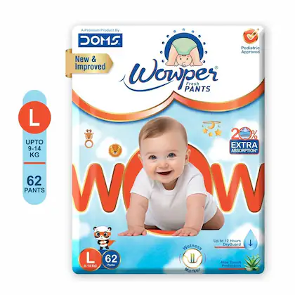 Wowper Fresh Baby Diaper Pants | Large (L) Size - 62 Pieces 9-14 Kg | Pack of 1 | Wetness Indicator | Upto 12 Hrs Absorption |-(VS)