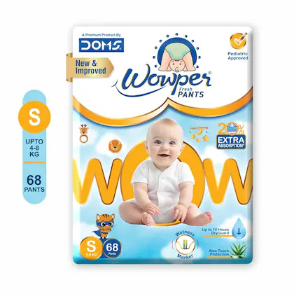 Wowper Fresh Baby Diaper Pants | Small (S) Size - 68 Pieces 4-8 Kg | Pack of 1 | Wetness Indicator | Upto 12 Hrs Absorption |-(VS)